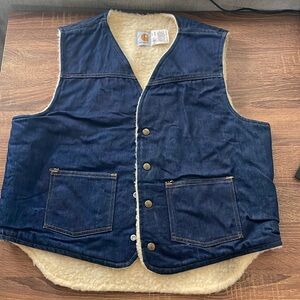 Vintage 80s Carhartt Jean Demin Sherpa-Lined Vest Size Large Snap Closure